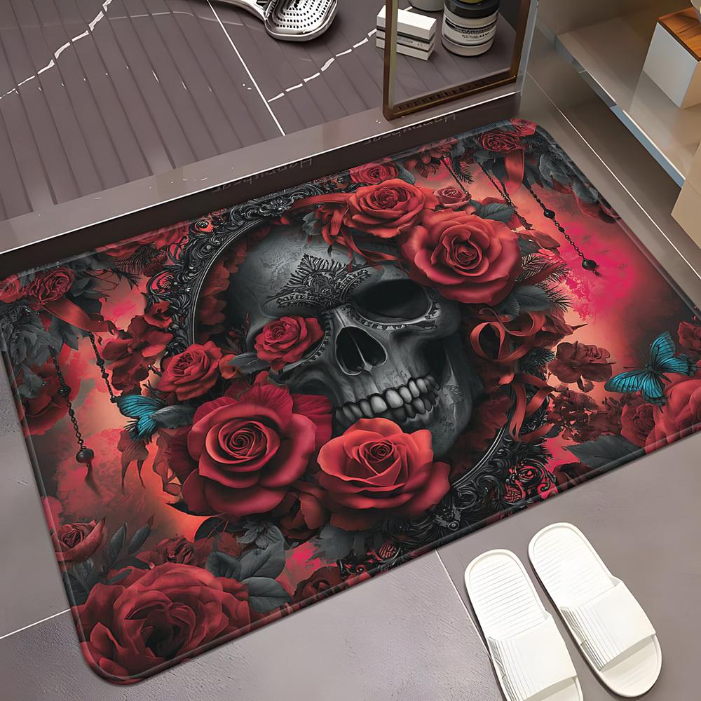 1pc 2D Flat 1pc Skull Rose Art High Definition Printed Kitchen Carpet, Yoga Mat, Non-Slip Bathroom Mat, Flannel Material, Hot-Melt Backing, Machine Wa