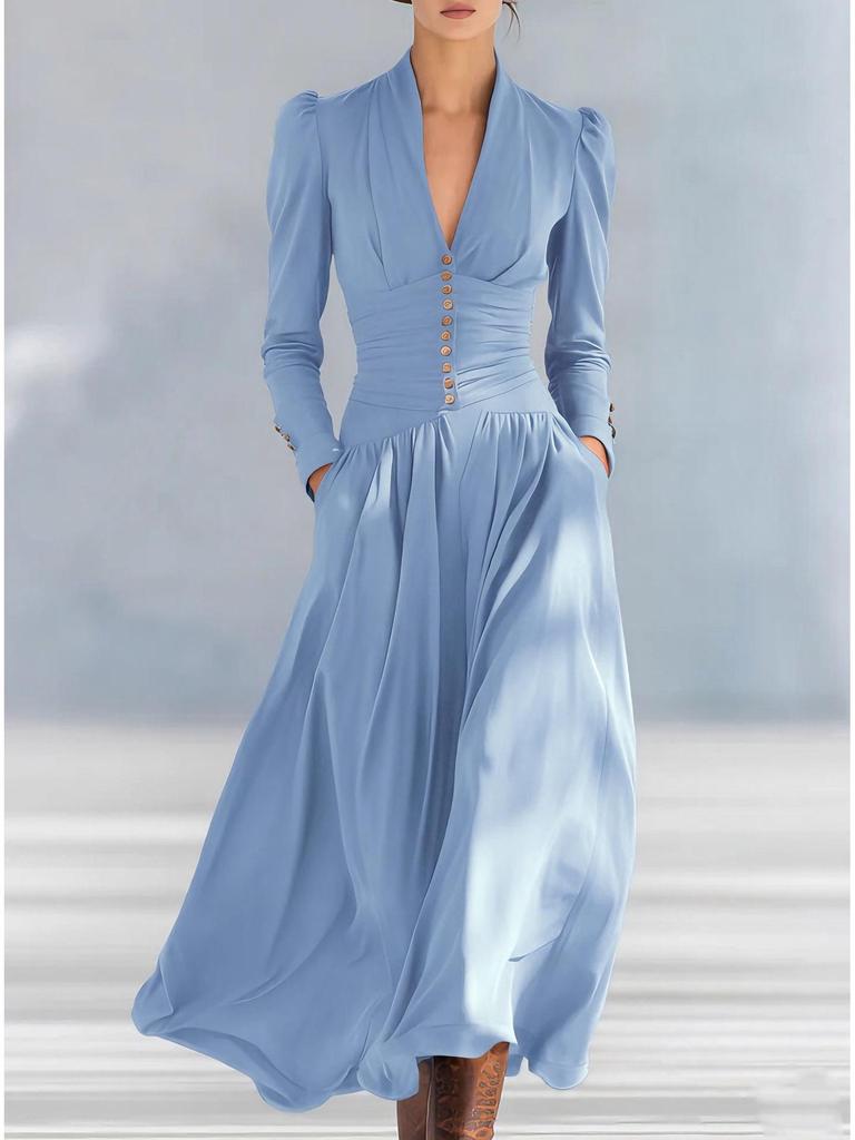 Elegant Waist-Cinching V-Neck Puff Sleeve Long Dress for Women