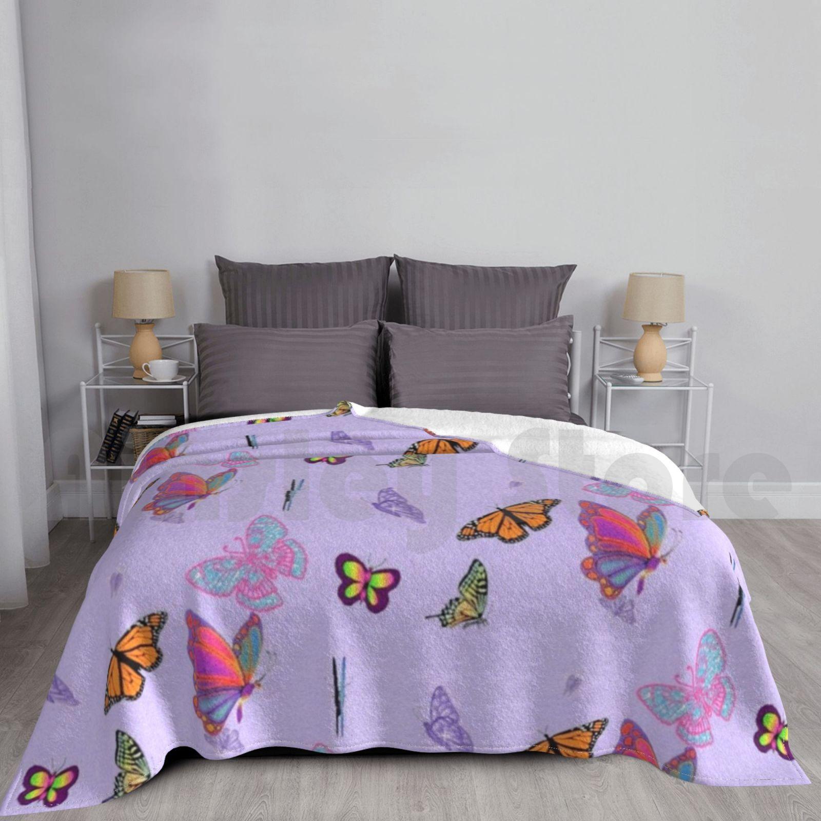 Multicoloured Butterflies Blanket For Sofa Bed Travel Multicoloured Butterflies Pastel Pattern Cute Puprle Size: 75*100cm, Weight: 230 GSM