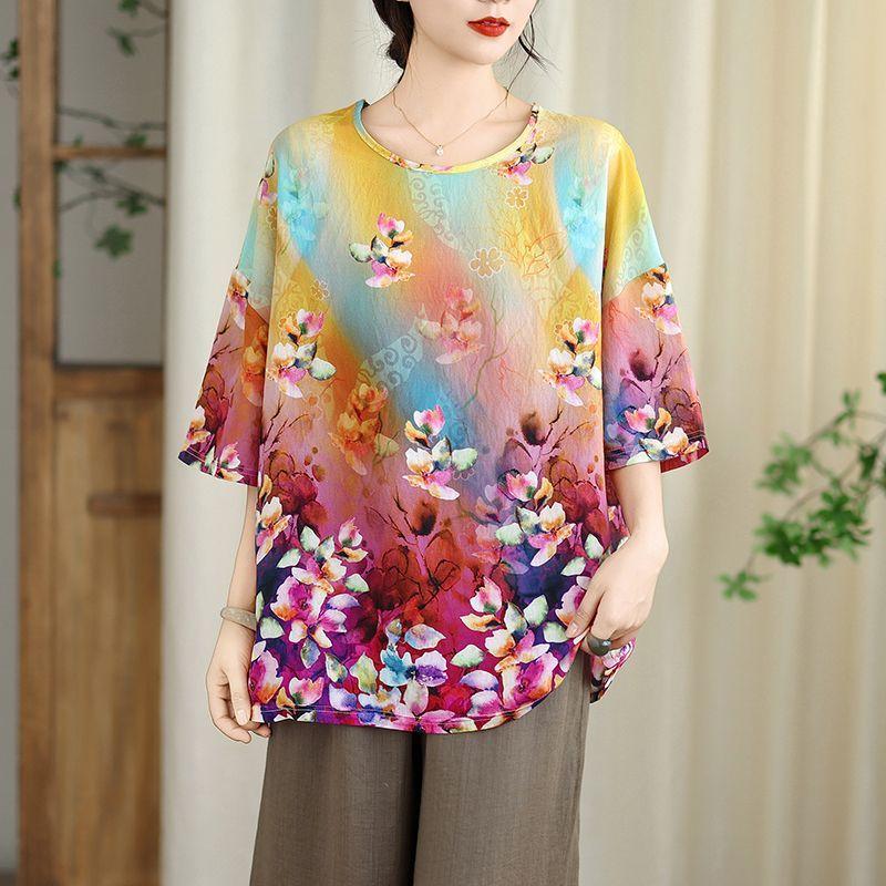 Women's Cotton Linen Printed T-Shirt Summer Thin Short Sleeve Loose Round Neck T-Shirt Top