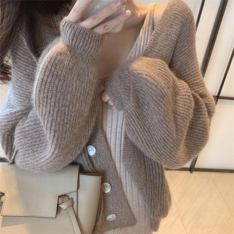 Gentle wind temperament soft waxy knitted cardigan top women's autumn and winter new loose lazy thin sweater jacket