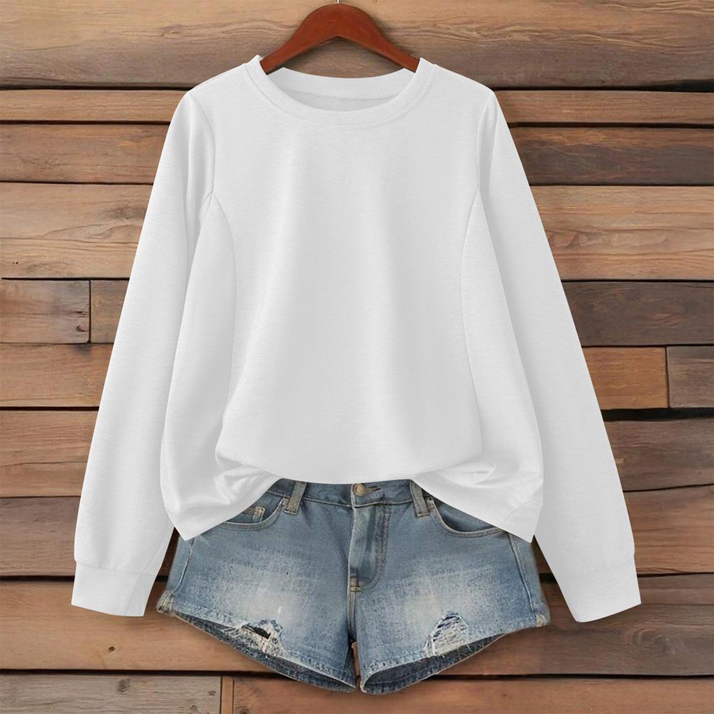 Women's Fashionable Solid Color Round Neck Long Sleeved Sports Casual Pullover Sweatshirt Top