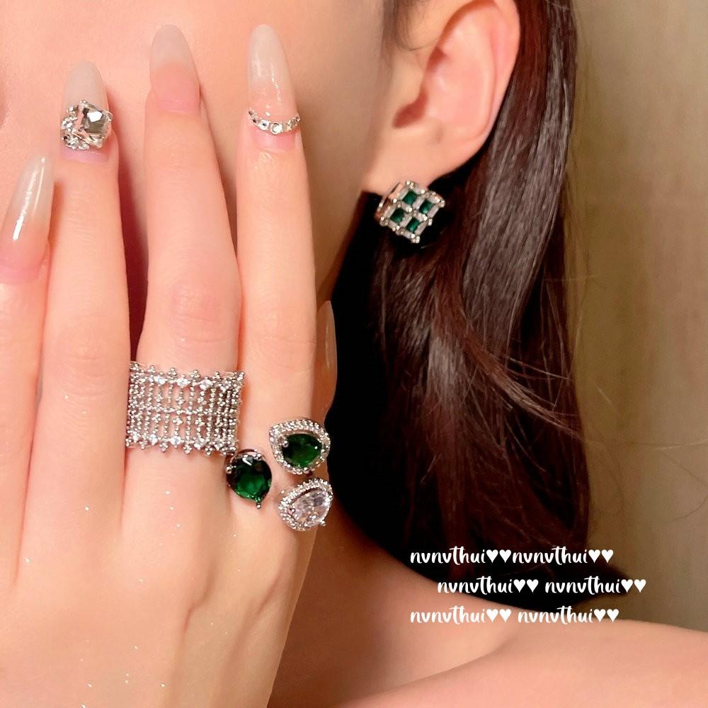 Princess Tears Malachite Green Water Drop Gemstone Ring, Rich Gold, 18K Gold Plated, Emerald Square Zircon Earrings.