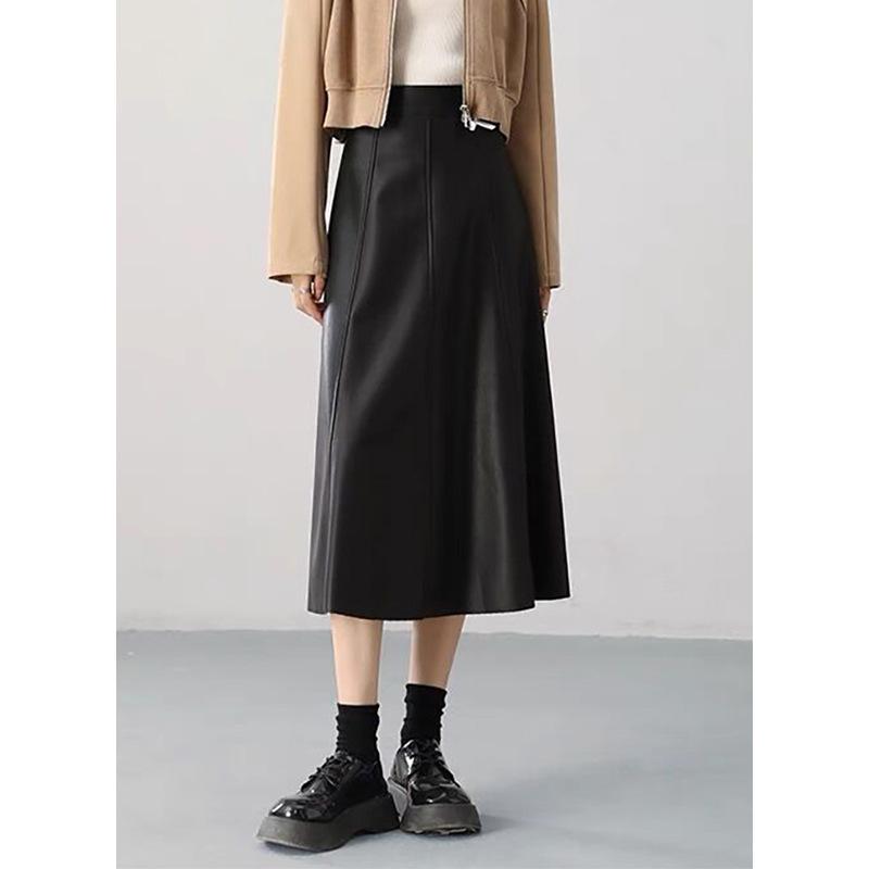 Elegant A-Line Leather Skirt for Women, Coffee Color, Slimming Matte PU, Perfect for Spring, Autumn, Winter 2025 XL