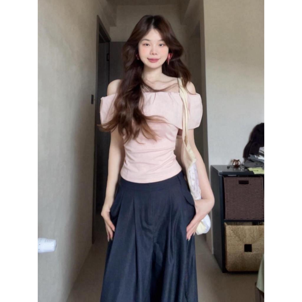 Women's Bud Collar Off-Shoulder Slim-Fit T-Shirt, 2026 Summer Design - Short Sleeves, Pure Desire, Slimming Top