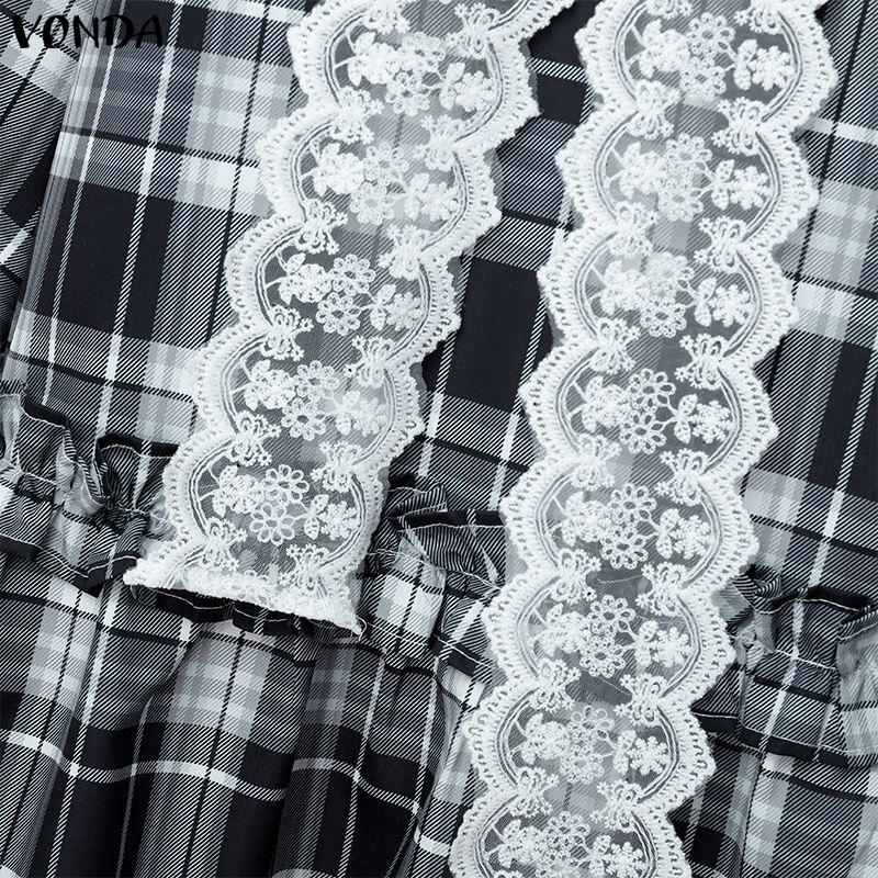 VONDA Elegant Women Casual Long Sleeve Lace Bow Knot Plaid Print Ruffled Dress