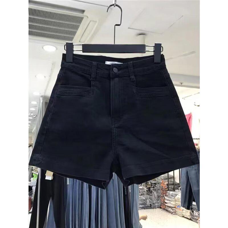 

Women s High-Waist A-Line Black Denim Shorts - Summer Thin, Plus Size, Wide-Leg, Slim Fit for Pear-Shaped Bodies 4XL чёрный