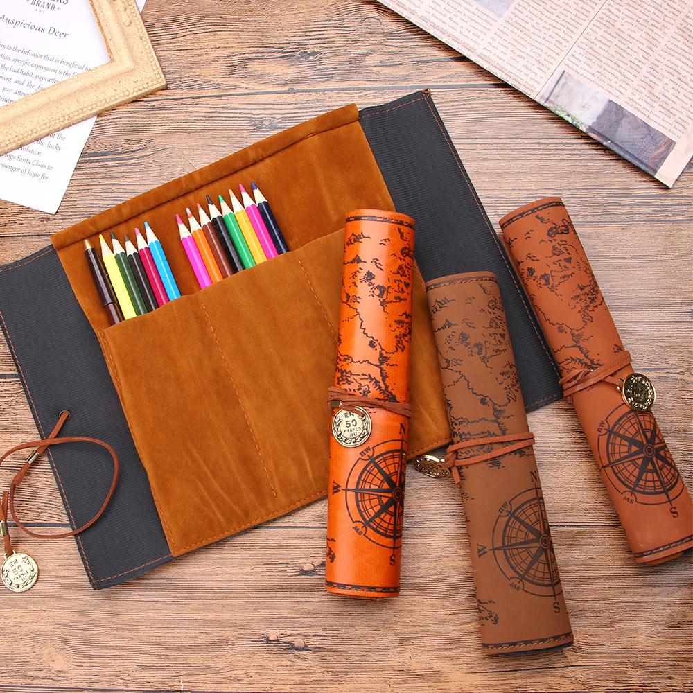 Luxury Treasure Map Pen Pencil Case for School Case Bag Purse Pouch Leather Cosmetic Make Up PU Bag