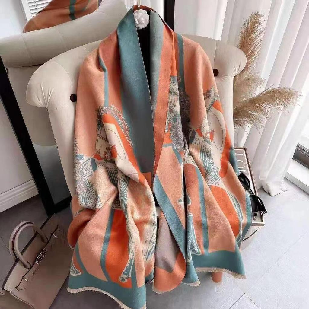 400g Retro Ethnic Bluebird Scarf: Women's Winter Warm Neck Warmer, High-End Imitation Cashmere Shawl.