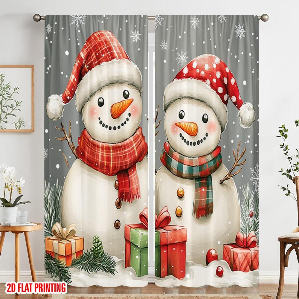 2pcs,2D Plane Printing Minimalist Curtains Cute Snowmen Christmas Presents_a Versatile Fabric (without Rod) Outdoor Decorations