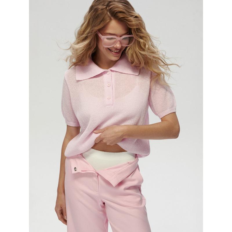 Módní pletený pulovr Dámský svetr s krátkým rukávem 2025 Jaro Léto Klopa Knoflíky Top Jednoduchý Tenký Elegantní Volný Ležérní Kancelářský Pletený Oděv