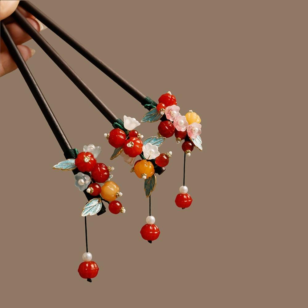 1pc Vintage Chinese Hair Sticks: Wooden with Colorful Beads,Flowers & LeavesAdd Elegant Oriental Charm to Traditional Outfits