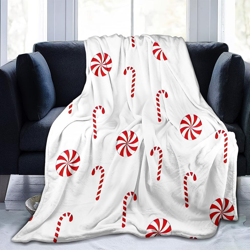 Traditional-Style Christmas Candy Cane Flannel Throw Blanket, 100% Polyester, Digital Print, Stain Resistant, All-Season Cozy Wa