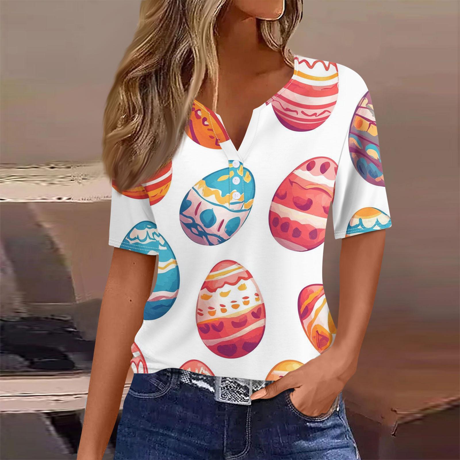 

Женская мода повседневная винтажная пасхальная футболка с V-образным вырезом и коротким рукавом с декоративными пуговицами XXXL розовый