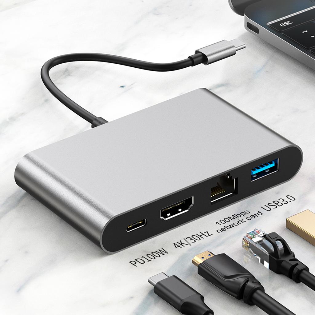 4 in 1 Docking Station TYPE-C to RJ45 100M HDMI USB3.0 PD Interface Hub Adapter