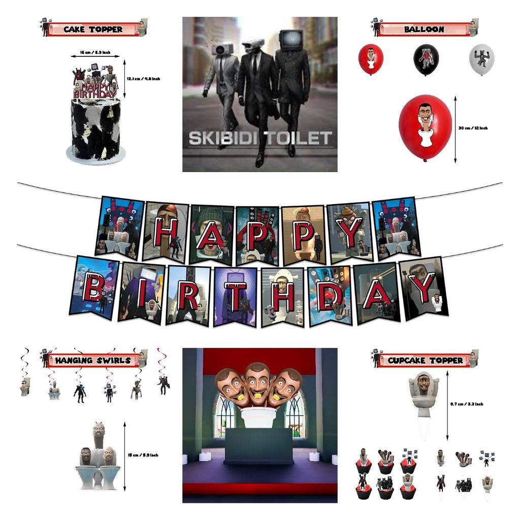 Skibidi Toilet Theme Birthday Party Decoration Kit Monster Birthday Cake Topper Paper Flag Balloons And More!