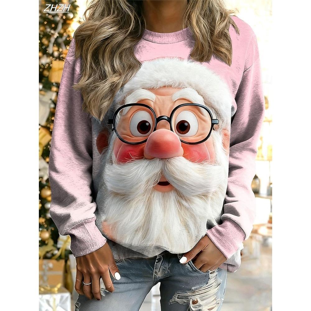 Women's Christmas Santa Graphic Pullover, Cozy Long Sleeve Crewneck, Holiday Home Street Style, Fall Winter Casual sweatshirt