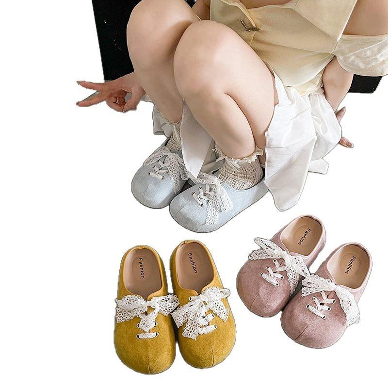 Versatile Bow Bag Head Half Slippers Women'S Outer Wear French Retro Birkenstocks Lace Platform Spring