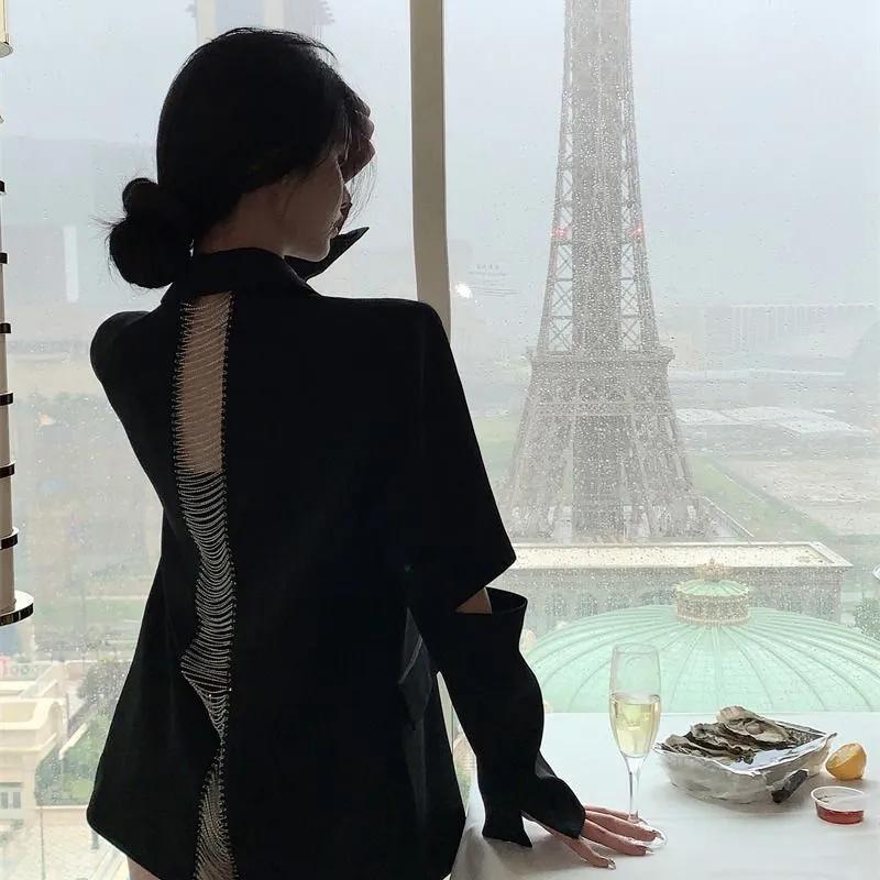 Blazer da Donna Primavera e Autunno Schiena Svuotata Catena Monopetto Manica Lunga Giacche Tailleur Blazer Casual Femminili