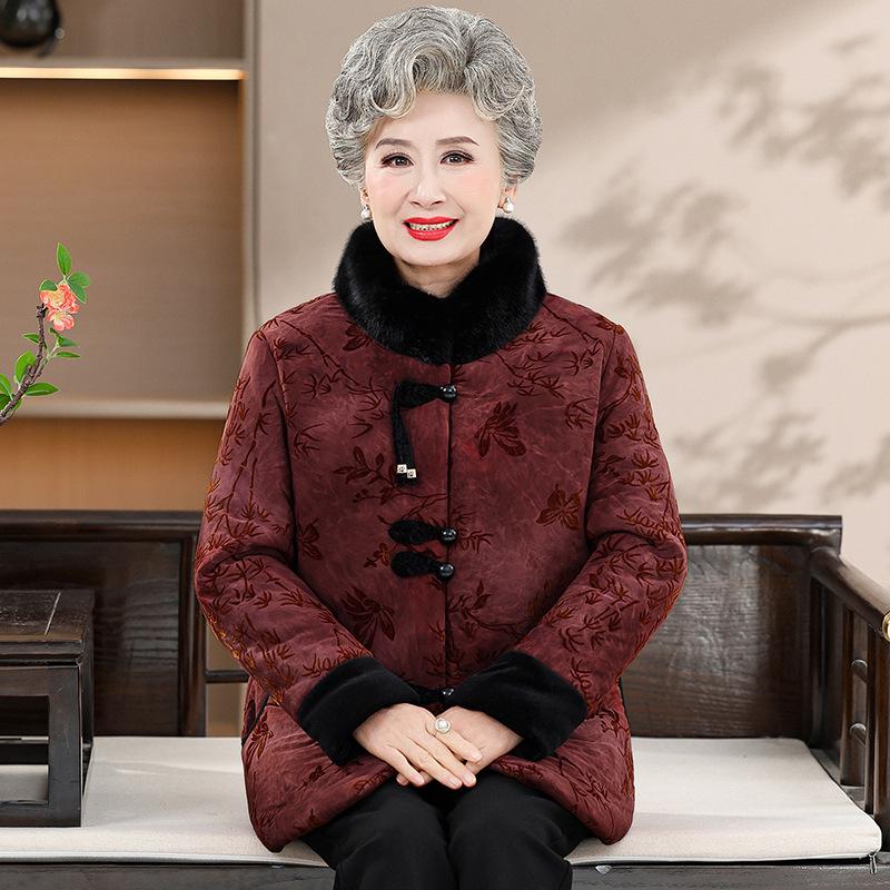 Women's Winter Cotton Jacket - New Chinese Style for Middle-aged and Elderly, Mom's Velvet-Lined, Thick, Warm Coat.