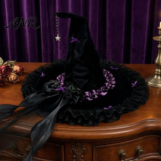 Spooky Festival Accessories Halloween Witch Hat for Women, Large Black Velvet Wizard with Party Favors Mesh Ruffle Brim Adults Costume, Cosplay