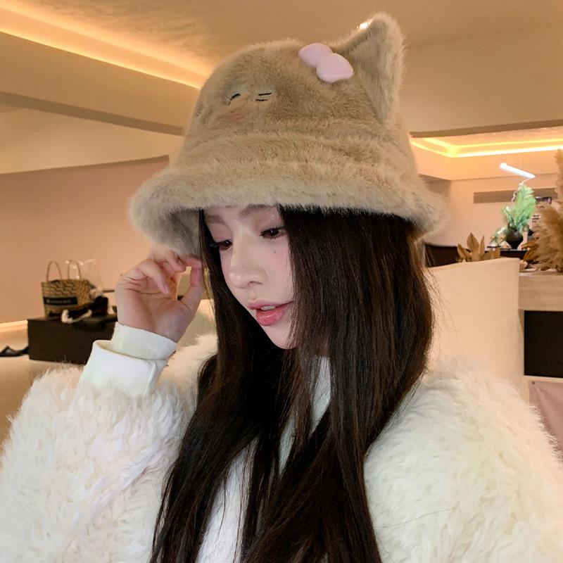 New cute cat bow plush hat women's autumn and winter basin hat big head circumference showing face small bucket hat