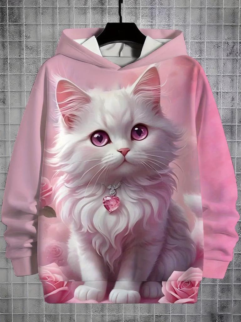 Girls Clothes Hoodies for Kids Cute Cartoon Cat Printed Hoodie Spring Autumn Casual Tops Fashion Sweatshirt Children's Clothing