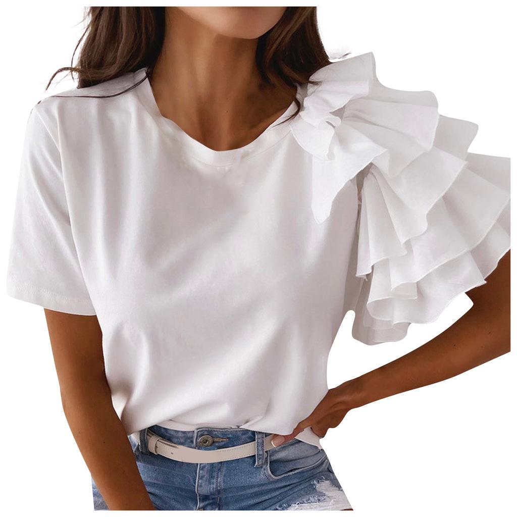 Fashion Women's Summer Ruffle Short Sleeves Round-Neck Casual Tee Tops