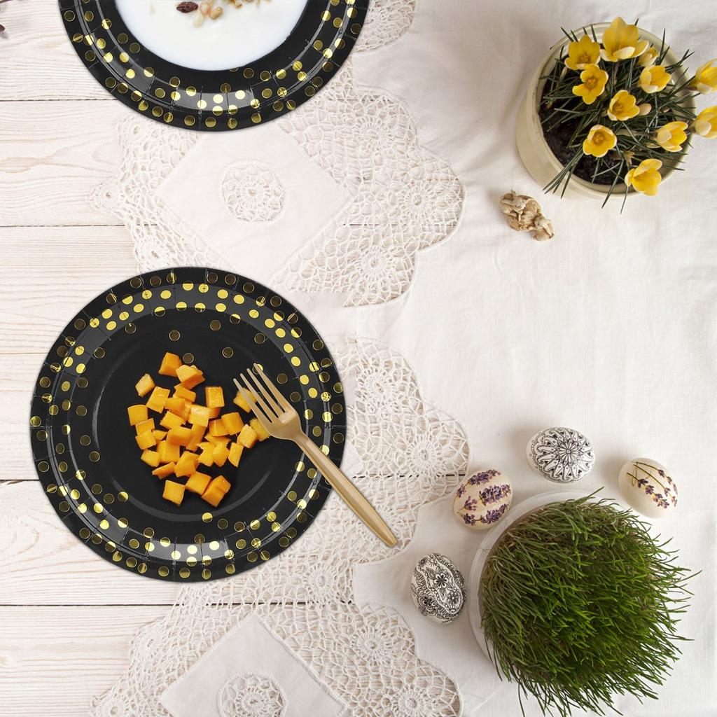 Black And Gold Themed Birthday Party Disposable Paper Plate Tableware Tablecloth Set Knife, Fork And Spoon