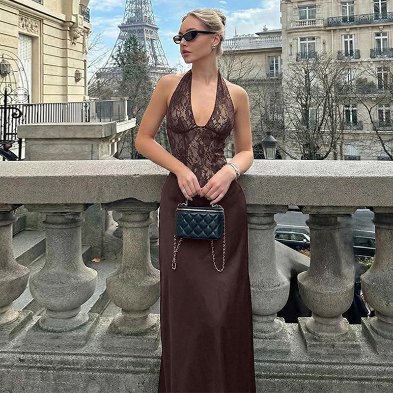 Women s spring new fashion neck deep V-neck lace splicing slim sexy backless dress wholesale S