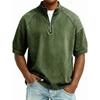 Camicia casual da uomo in denim lavato con mezza zip, colletto alla coreana e maniche corte