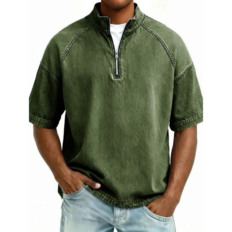 Camicia casual da uomo in denim lavato con mezza zip, colletto alla coreana e maniche corte