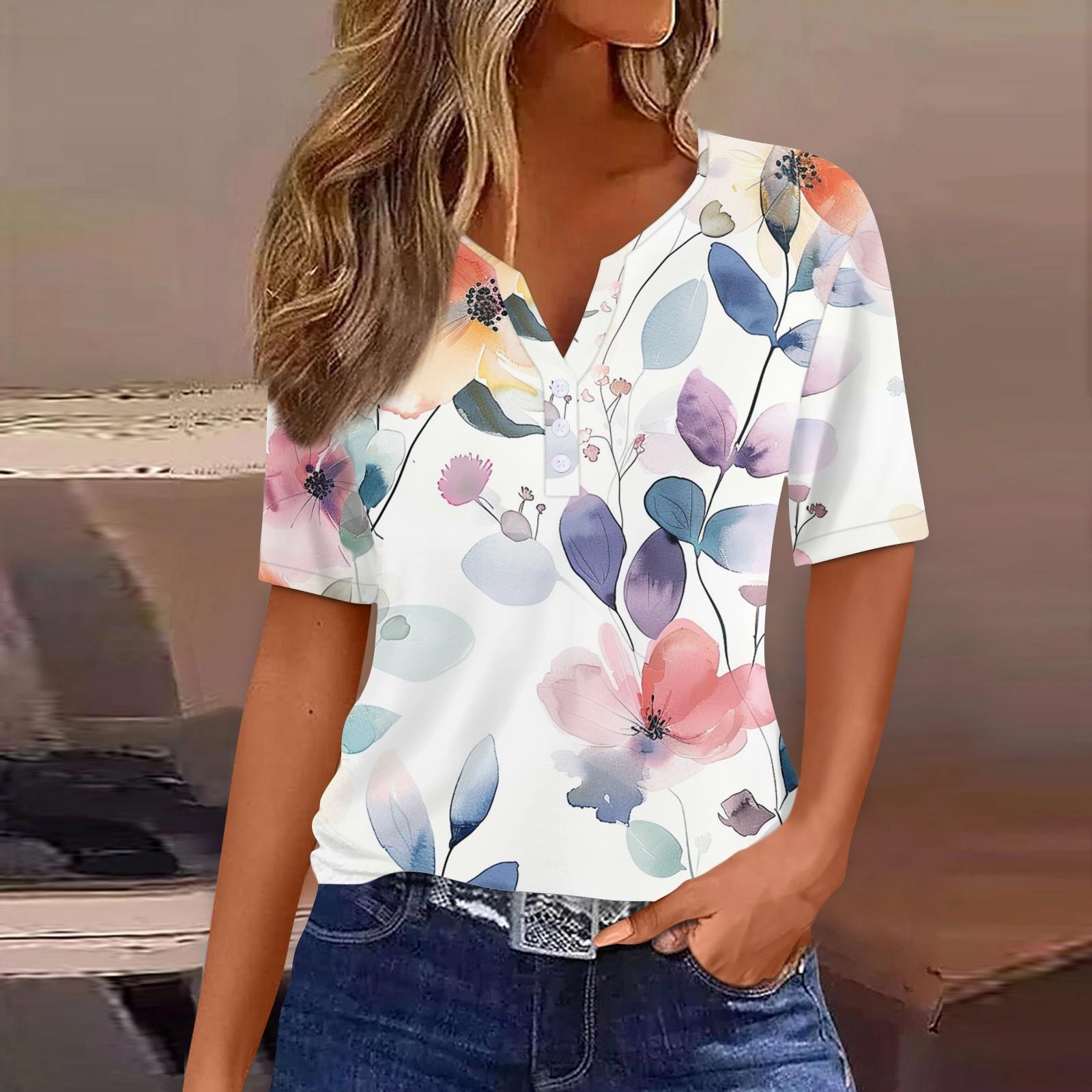 

Women s Fashion Casual Vintage Floral Print V-Neck Short Sleeve Decorative Button T-Shirt Tops L белый