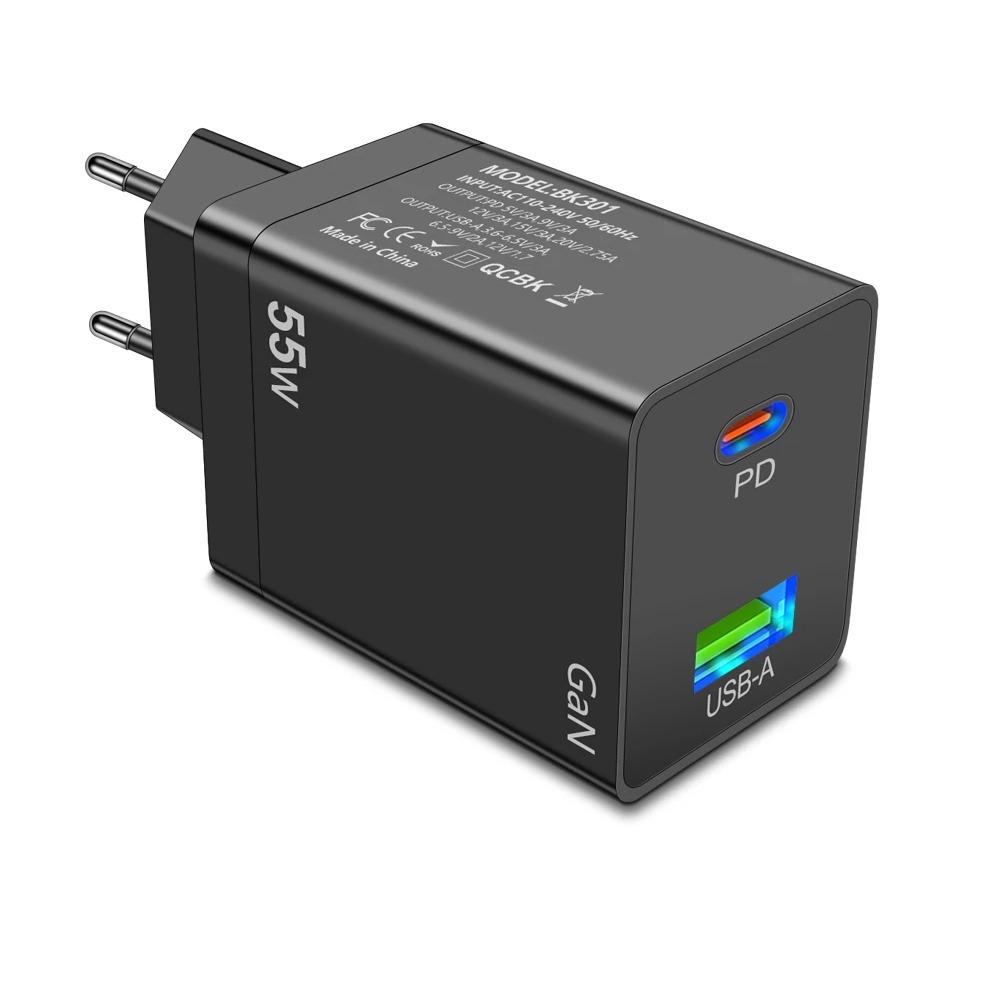 

55 Вт GaN USB Type C Зарядное устройство PD QC 3.0 Быстрая зарядка для Macbook Ноутбука IPAD Планшета IPhone 15 14 Samsung S23 Ultra Huawei Xiaomi EU Plug чёрный