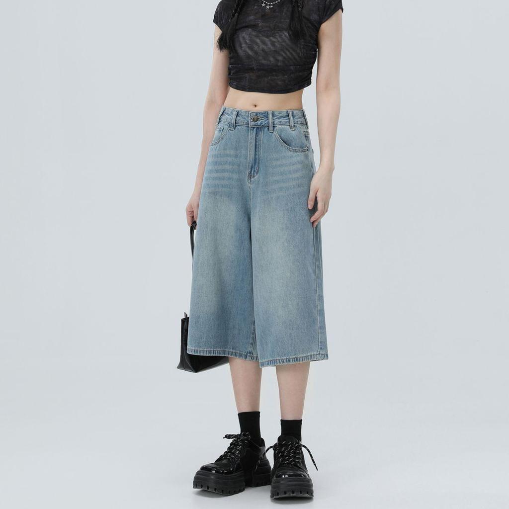 2025 Spring/Summer Women's High-Waisted Wide-Leg 7/8 Jeans - Slimming Straight-Leg, Versatile American Style