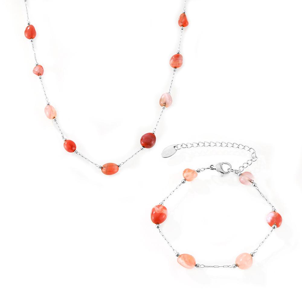 Irregular Real Natural Agate Stone Bead Combining Stainless Steel Necklace Bracelet For Women Luxury Elegant Women's Zircon Set