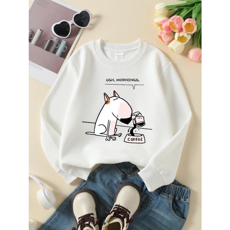 European sizes Girls' Long-Sleeve Round Neck Sweatshirt "Funny Dog Coffee" Print, Spring/Autumn, Casual, Daily & Sports.