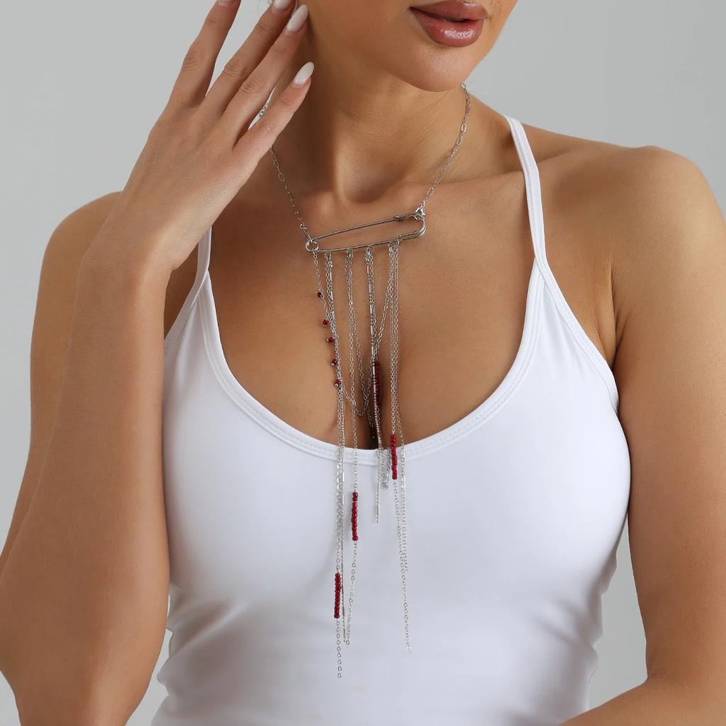 Exaggerated Red Beaded Tassel Brooch Necklace for Women Punk Silver Color Multi Layer Tassel Long Necklaces Jewelry Accessories