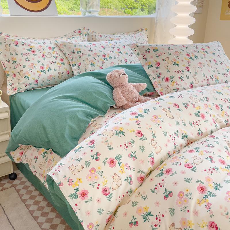 4pcs Cartoon Love Duvet Cover Set Simple Blue Plaid Bed Sheet Adults Kids Teenagers Bedding Comforter Cover with 2 Pillowcases