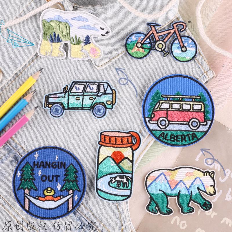Embroidery Label Camping Wind Cloth Label DIY Adhesive-backed Patch Sticker Clothing Accessories Embroidery Sticker Badge Cloth Sticker