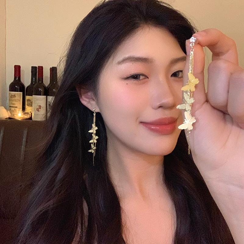 Butterfly tassel earrings for women s unique super fairy long stud earrings, new square and round face, thin ears
