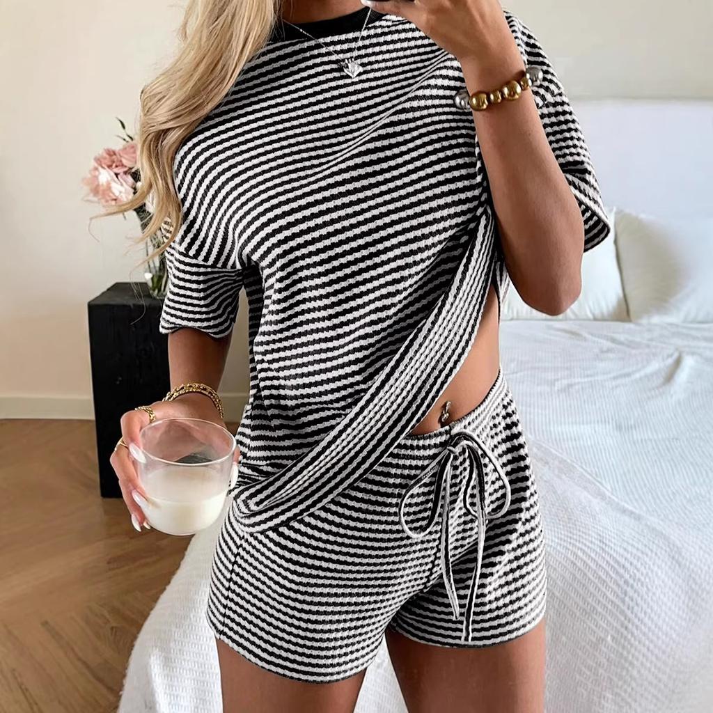 Women Striped Two Piece Set Short Sleeve Top Drawstring Shorts Casual Summer Tracksuit