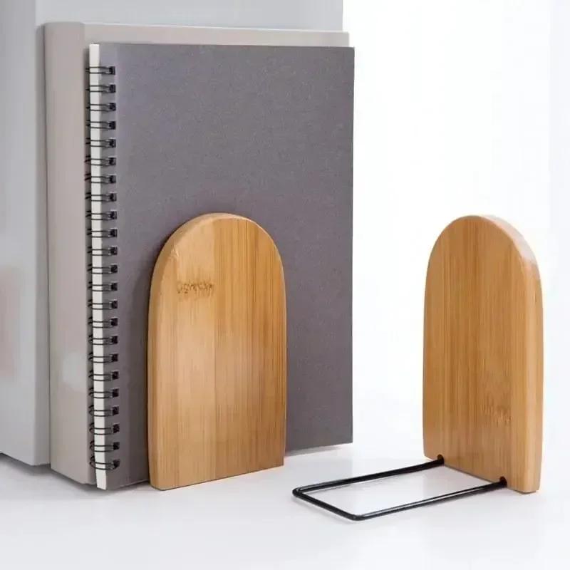 Convenient Wood Iron Book End Shelf Desktop Bookend Holder Supplies Accessory Stationery Bookends for Magazine Simple Style