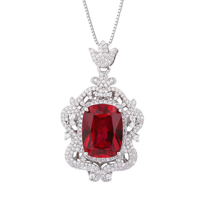 Jewelry Copper Bottom Gold-Plated European Simulation Emerald Red Corundum Luxury Inlaid With Fat Square 12 * 16 Pendant Necklace Female
