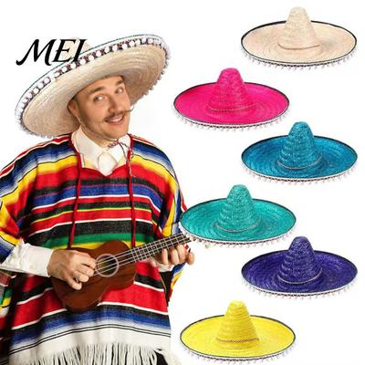 Volwassen Vakantiehoed Mexicaanse Sombrero met Kleurrijke Pompons, Hawaïaanse Stijl Geweven Strooien Zonnehoed, Met Brede Rand Lichtgewicht Themafeest Kostuum voor Zomerstrand