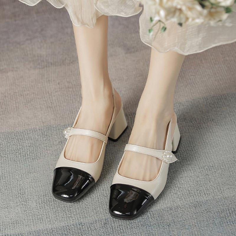 Fashion 2025 Classic Mixed Color Sandals Women Slingback Mary Janes Pearl Belt Med-High Heels Shoes Ladies Office Dress Tacone Sandalias