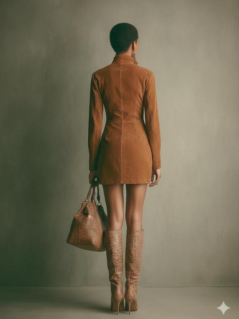 2025 Damen High-End Wildlederimitat Western Cowboy Stil Kleid mit kurzen Ärmeln für Herbst/Winter in Europa