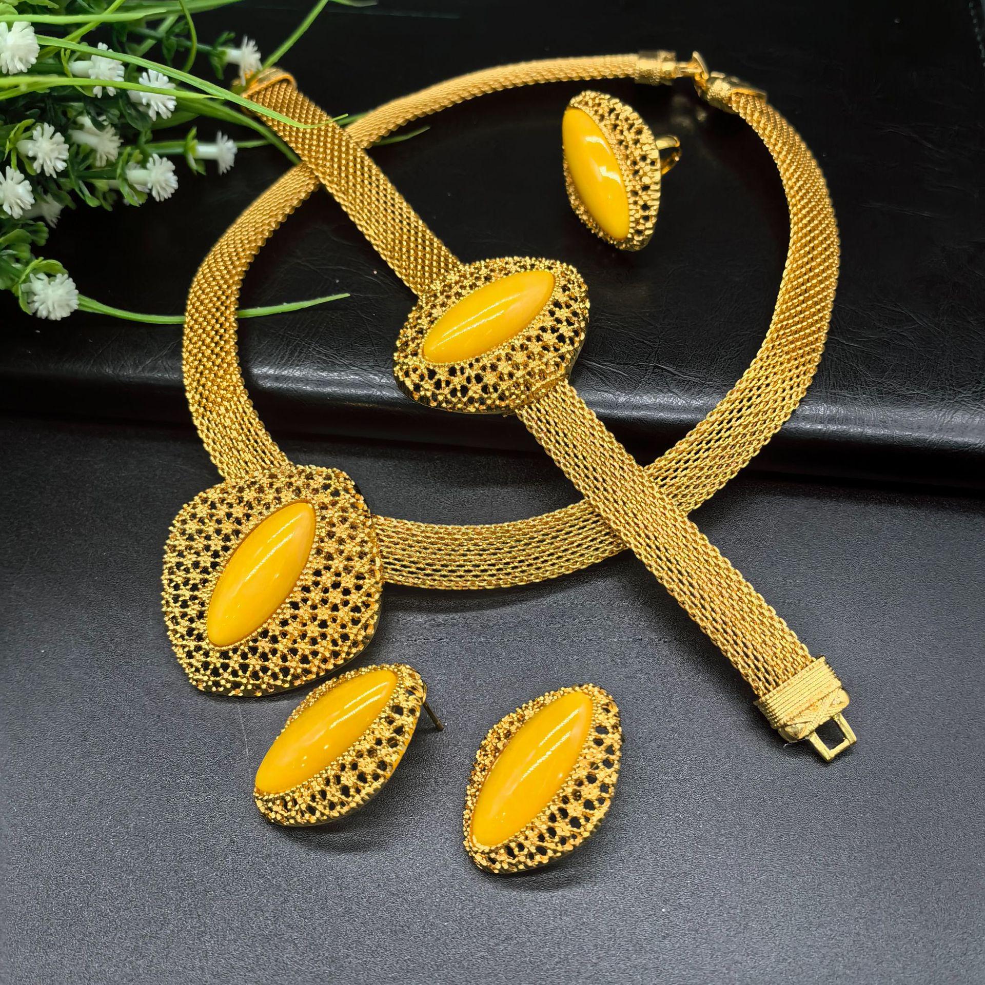 

Дубайская невеста 24К золото многоцветная сетчатая цепочка набор ювелирных изделий из смолы для индийских и африканских свадеб 24k Gold Plated жёлтый