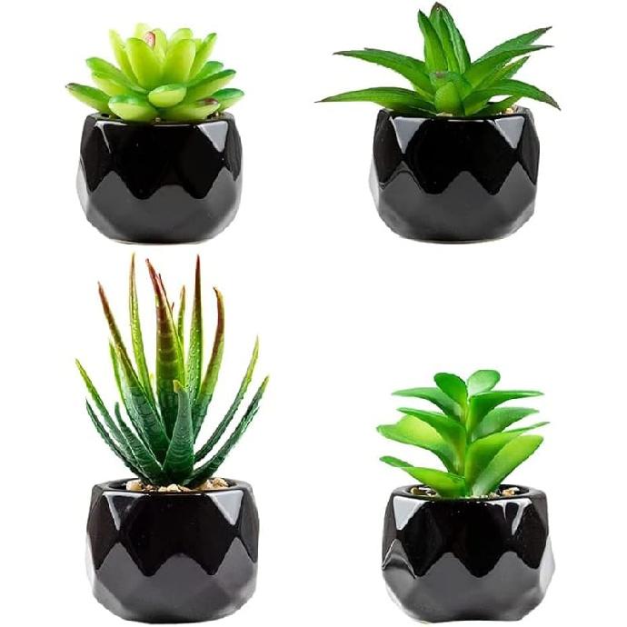 Artificial Plants Indoors in Pots, Fake Plants Outdoor, Mini Black Ceramic Potted, Green Succulents Decor for Bedroom Aesthetic, Faux Desk Plant for