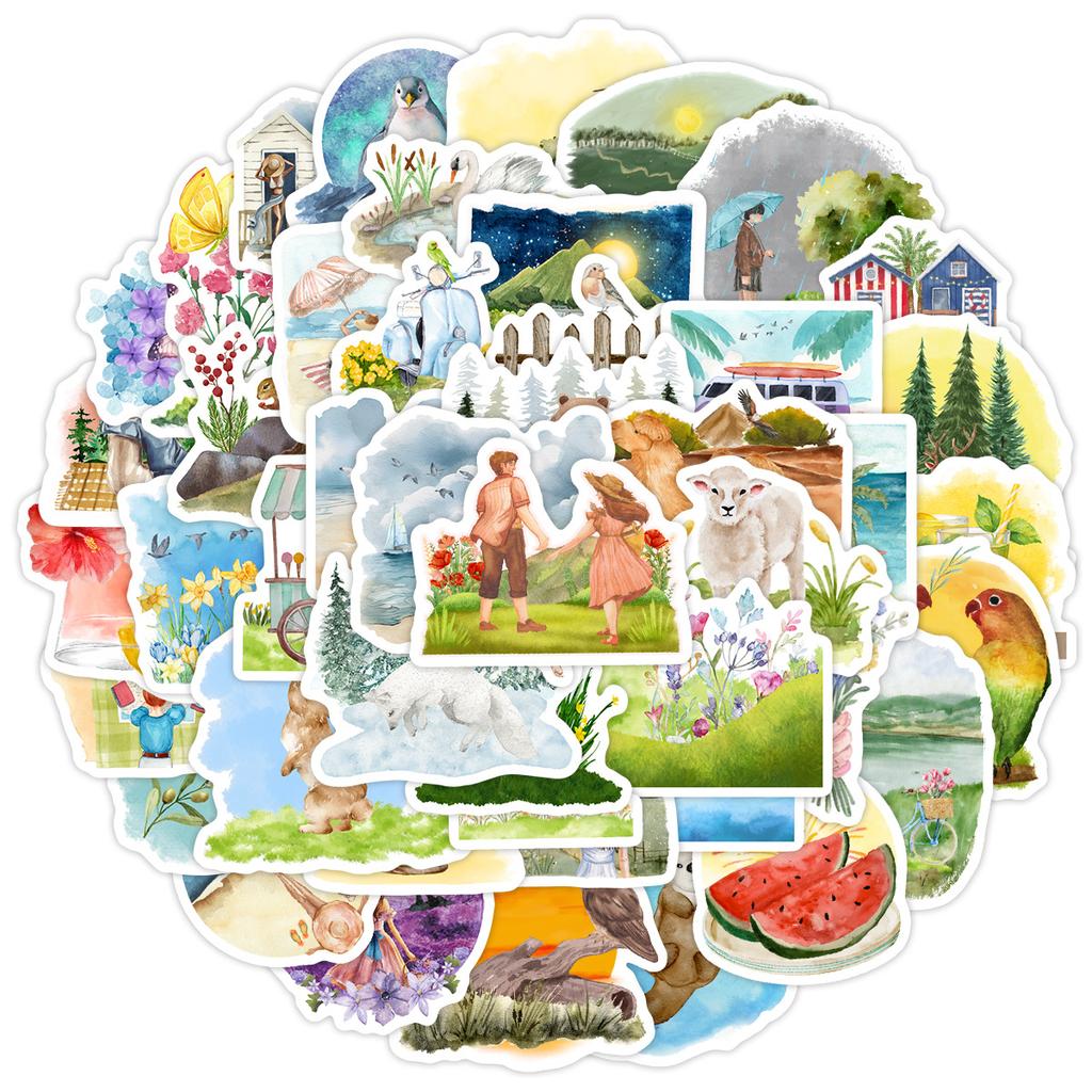 50 Watercolor Spring Graffiti Stickers Water Cup Computer Suitcase Skateboard Waterproof DIY Decorative Stickers